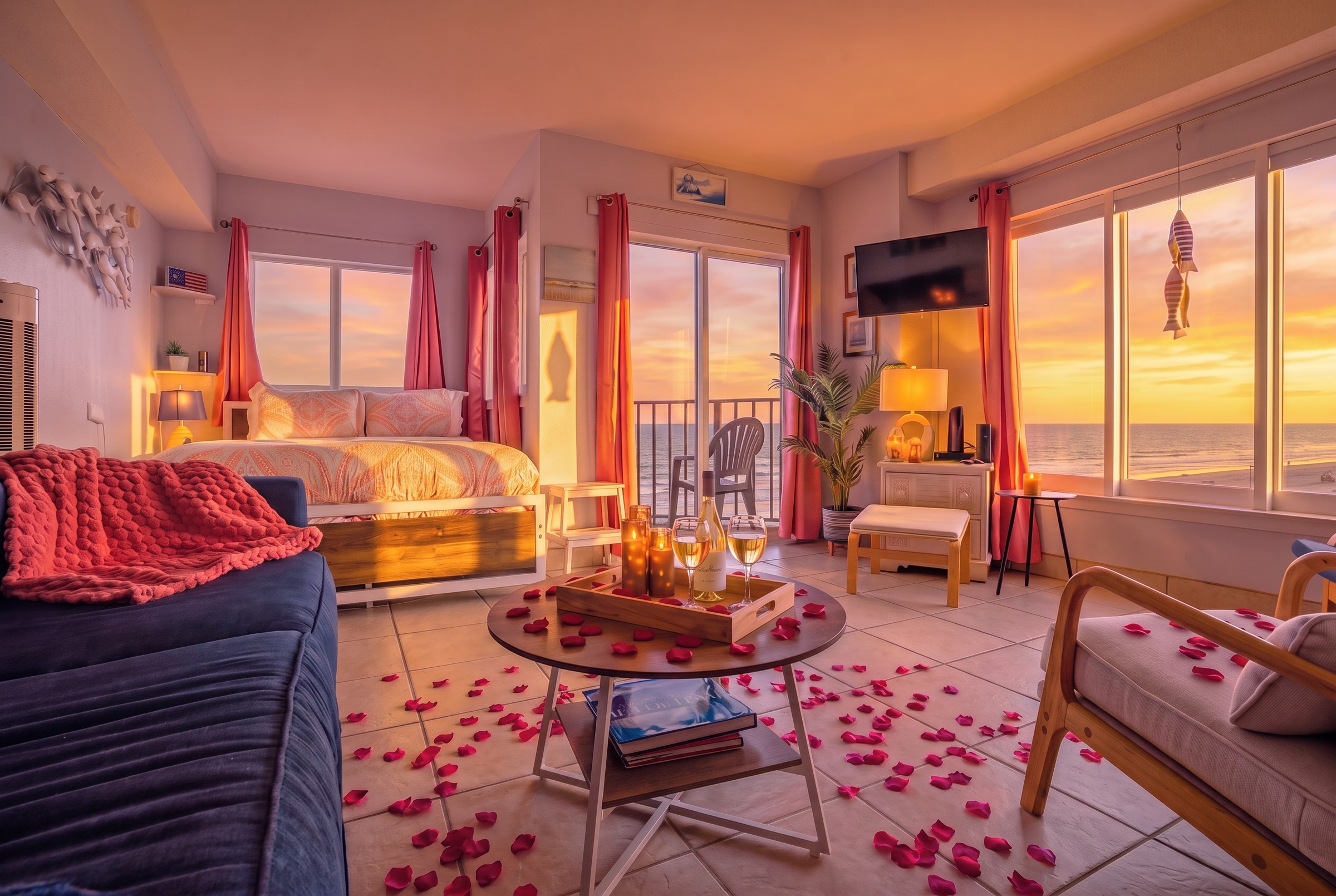 Oceanfront studio at sunset with balcony views over the Atlantic in Myrtle Beach